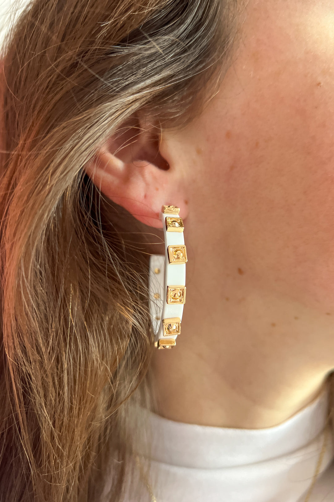 Grete Square Metal Bead Hoop Earrings, white