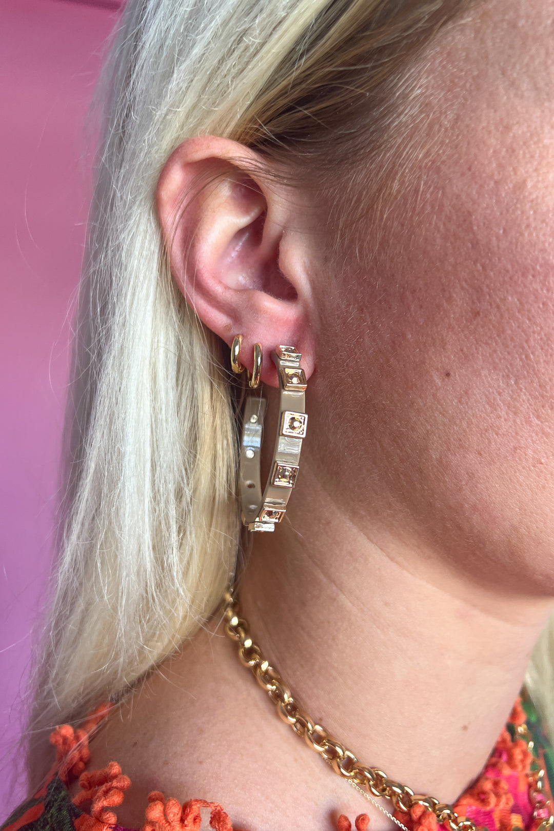 Grete Square Metal Bead Hoop Earrings, tan