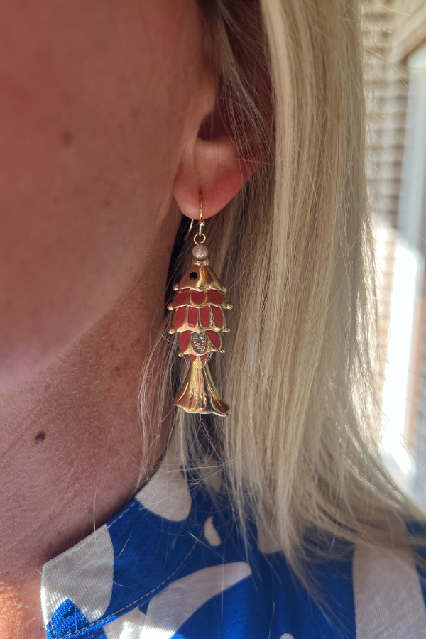 Fish Dangle Earrings, coral