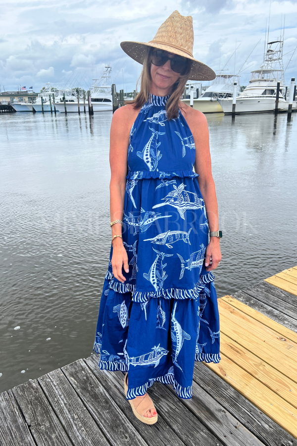 Alys Beach Dress by King + Pitt, blue billfish print (pre-order)