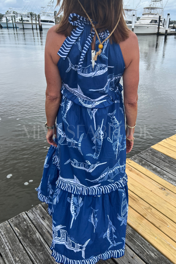 Alys Beach Dress by King + Pitt, blue billfish print (pre-order)
