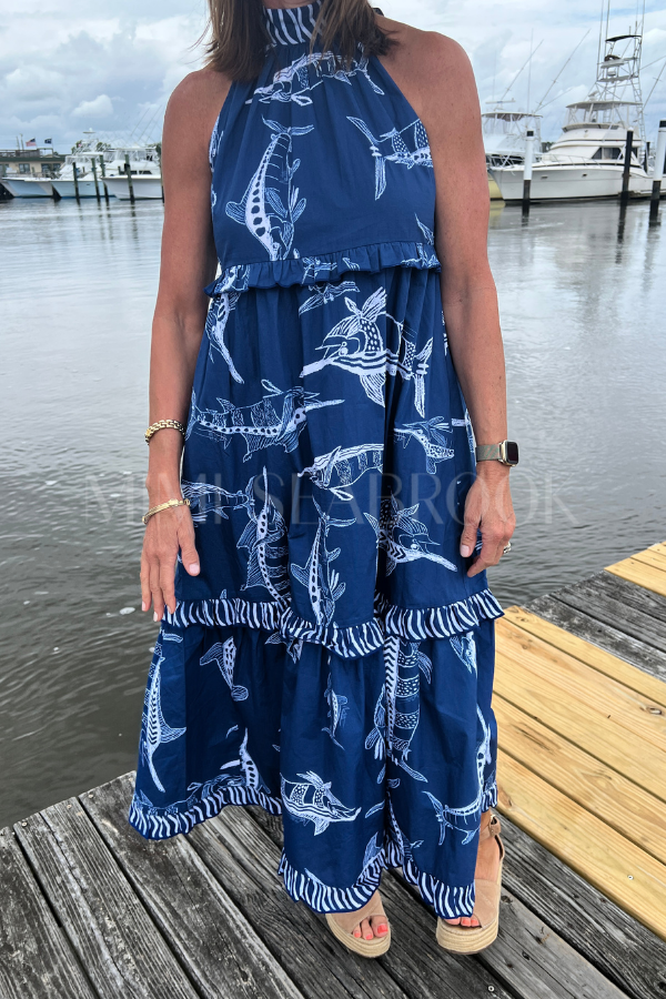 Alys Beach Dress by King + Pitt, blue billfish print (pre-order)