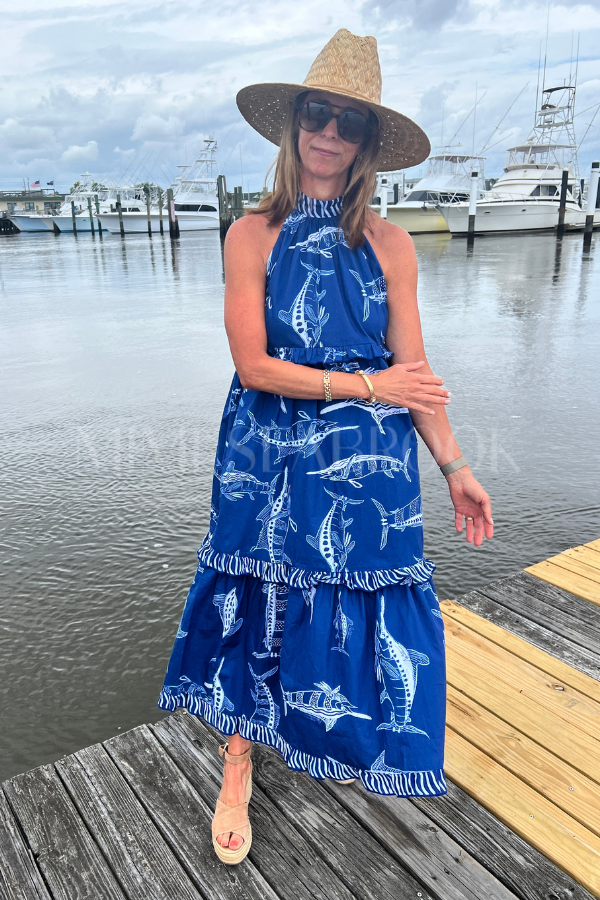 Alys Beach Dress by King + Pitt, blue billfish print (pre-order)
