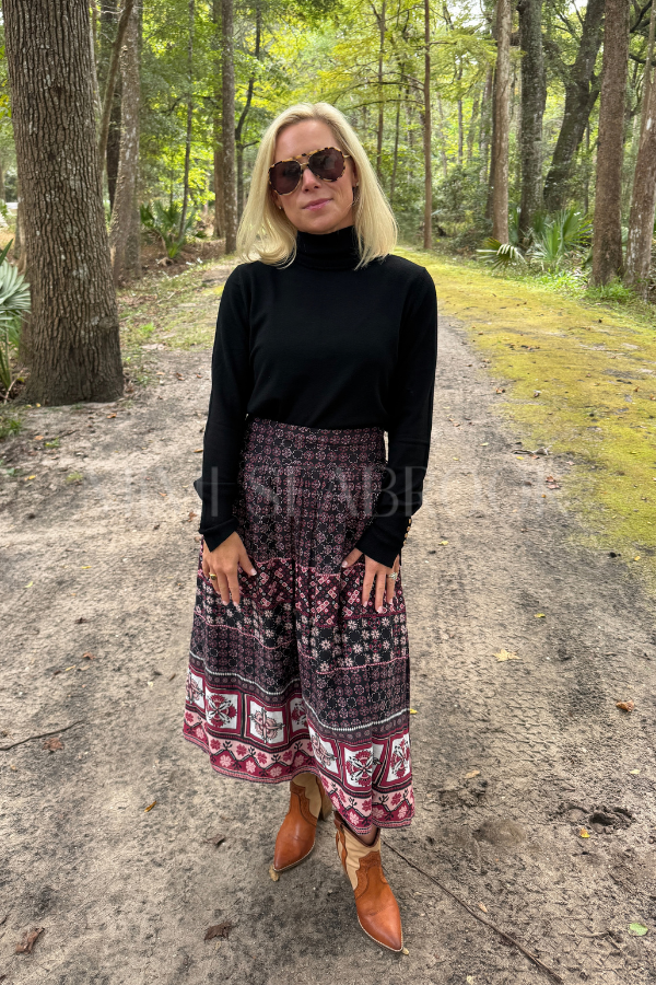 Aneeta Midi Skirt, Zocalo Rose Tan Print by Cleobella