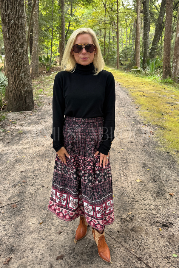 Aneeta Midi Skirt, Zocalo Rose Tan Print by Cleobella