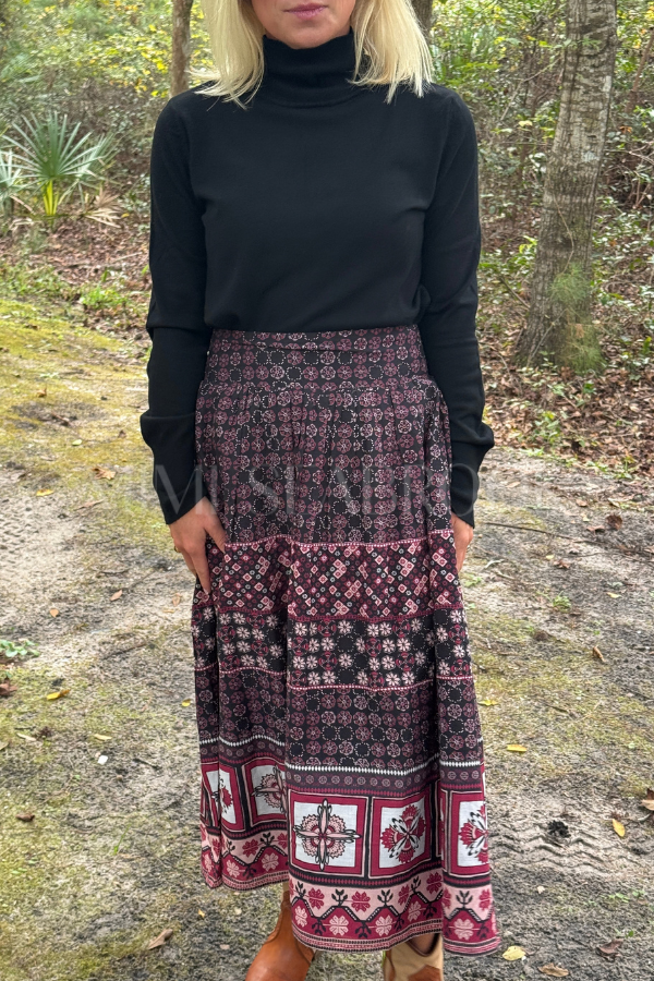 Aneeta Midi Skirt, Zocalo Rose Tan Print by Cleobella