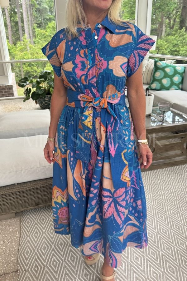 Belted Shirt Dress, Antico Blue by Oliphant