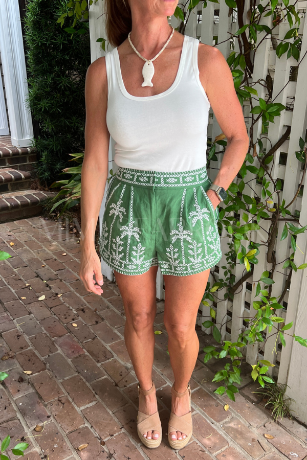 Bicolor Cross Stitch Embroidery Shorts by FARM RIO