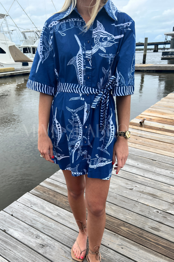 Bimini Dress by King + Pitt, blue billfish print (pre-order)