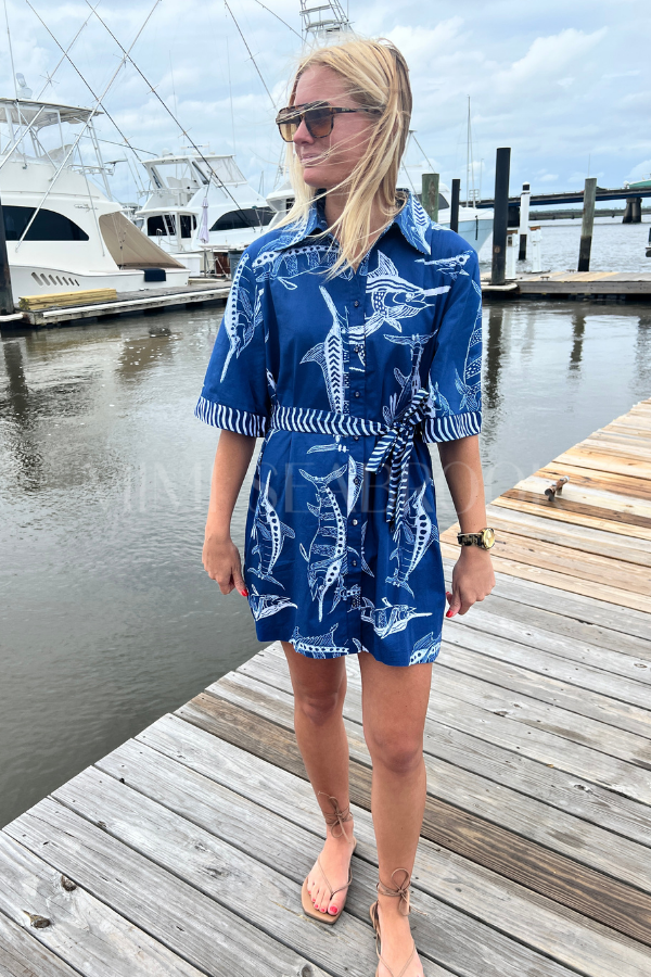 Bimini Dress by King + Pitt, blue billfish print (pre-order)