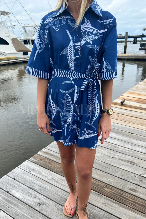 Bimini Dress by King + Pitt, blue billfish print (pre-order)