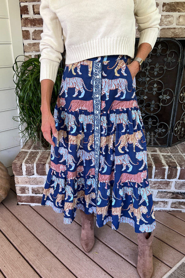 Button Front Skirt, Raj Navy by Oliphant