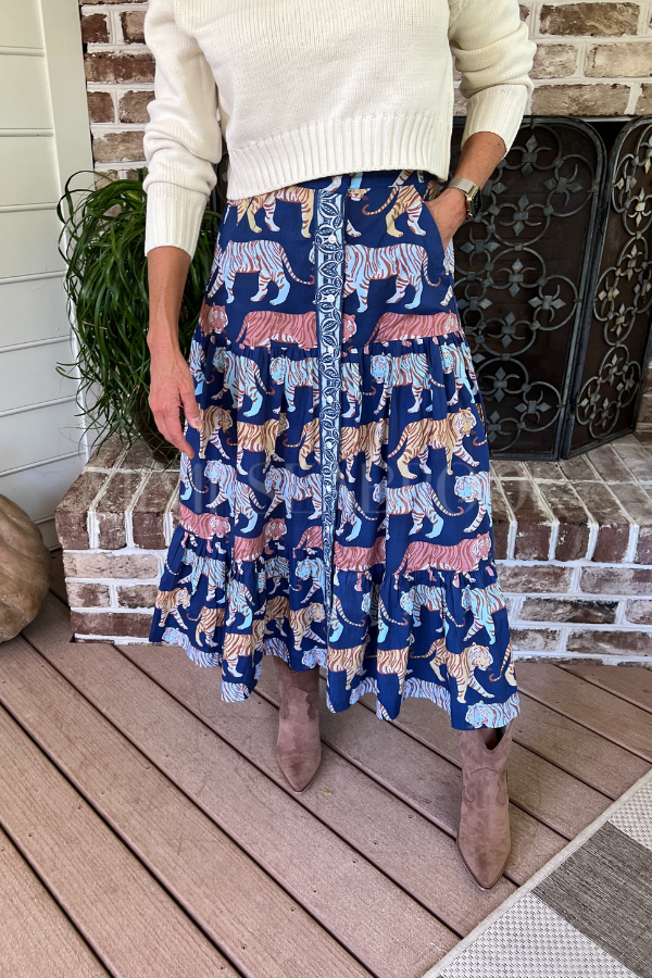 Button Front Skirt, Raj Navy by Oliphant