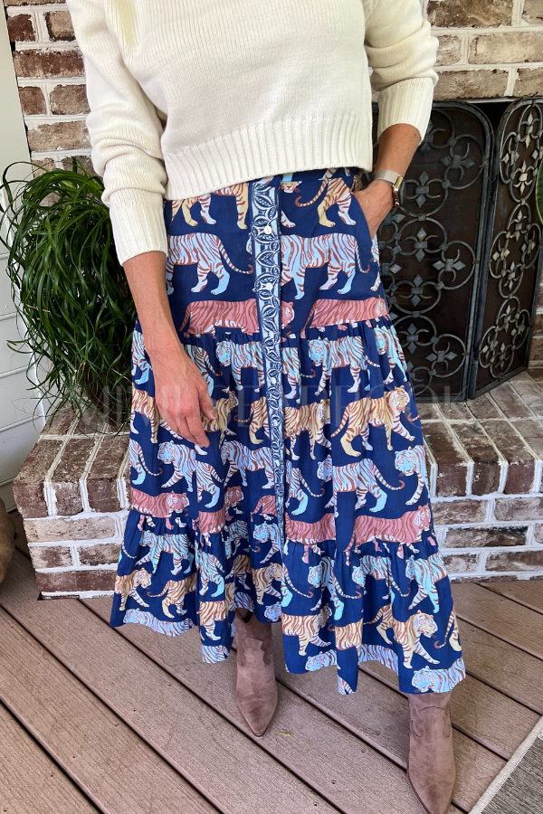 Button Front Skirt, Raj Navy by Oliphant