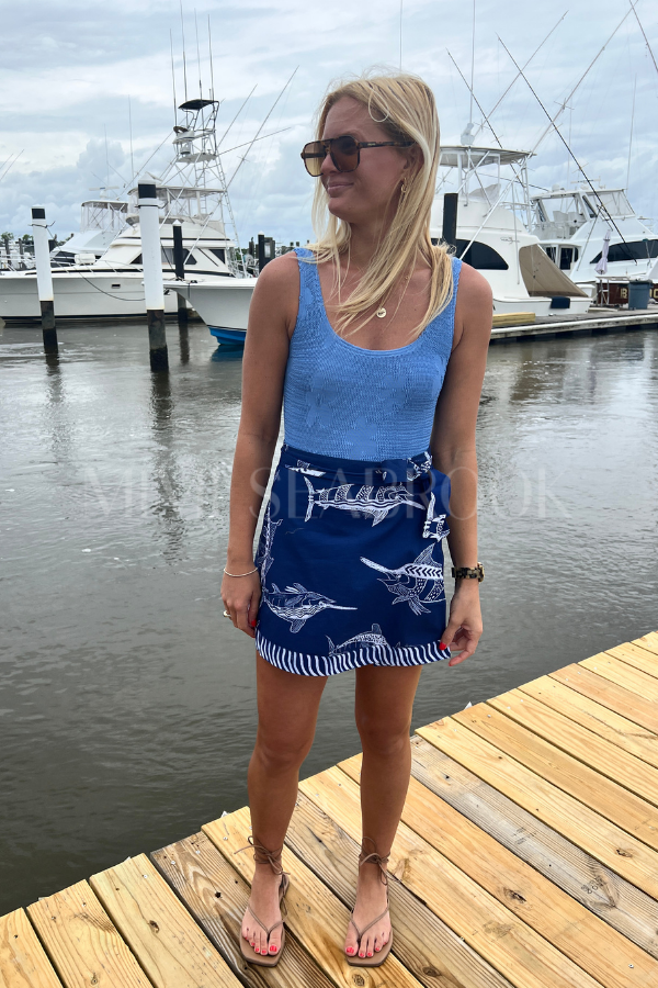Cheeca Wrap Skirt Coverup aka “The Marge” by King + Pitt, blue billfish print (pre-order)