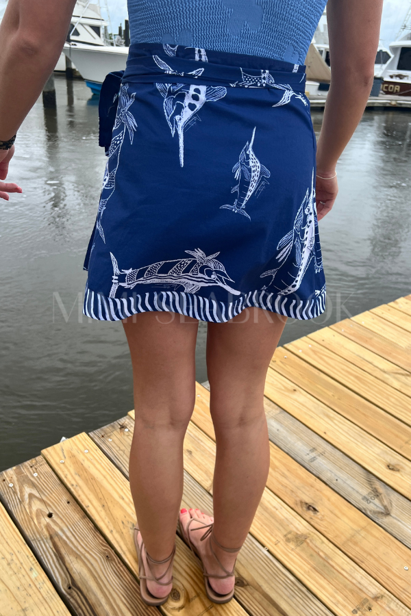 Cheeca Wrap Skirt Coverup aka “The Marge” by King + Pitt, blue billfish print (pre-order)