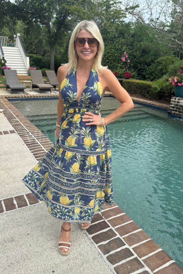 Delicate Pineapple Navy Blue Midi Dress by Farm Rio