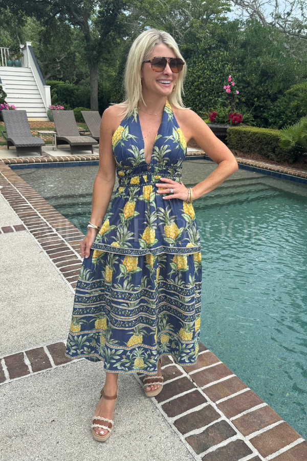 Delicate Pineapple Navy Blue Midi Dress by Farm Rio