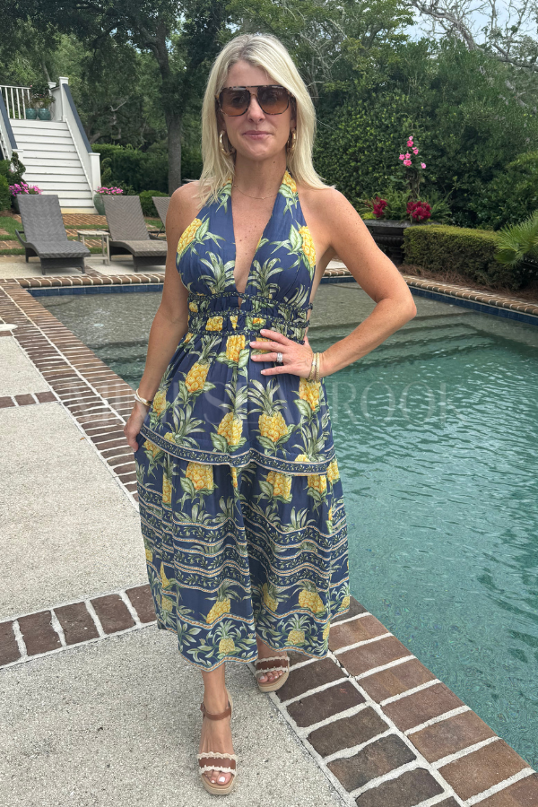 Delicate Pineapple Navy Blue Midi Dress by Farm Rio