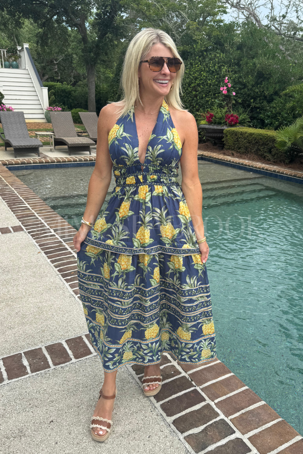 Delicate Pineapple Navy Blue Midi Dress by Farm Rio
