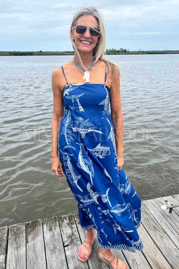 Exumas Dress by King + Pitt, blue billfish print (pre-order)