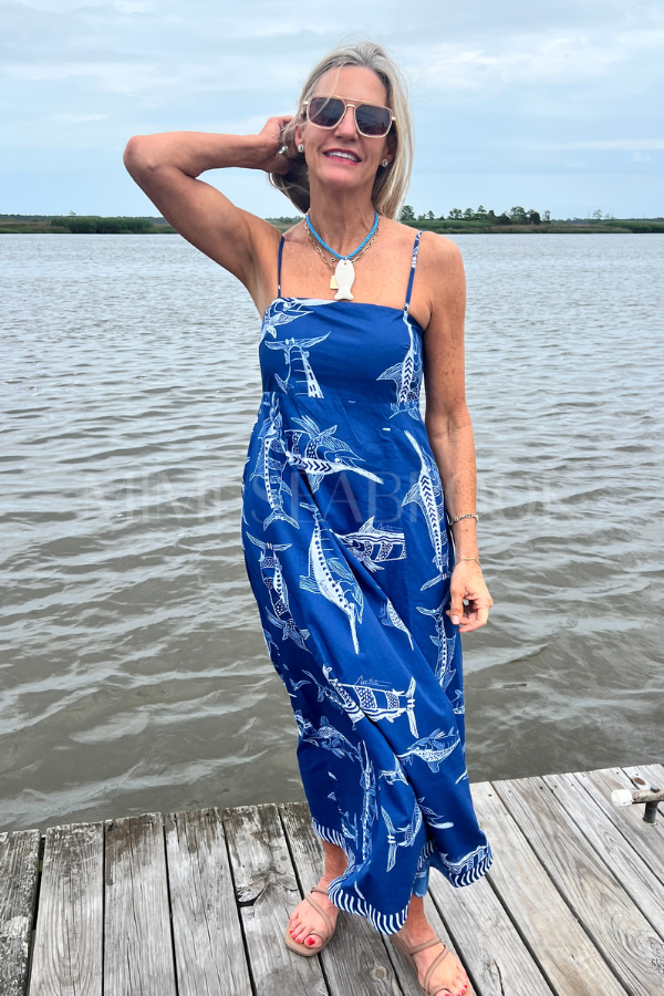 Exumas Dress by King + Pitt, blue billfish print (pre-order)