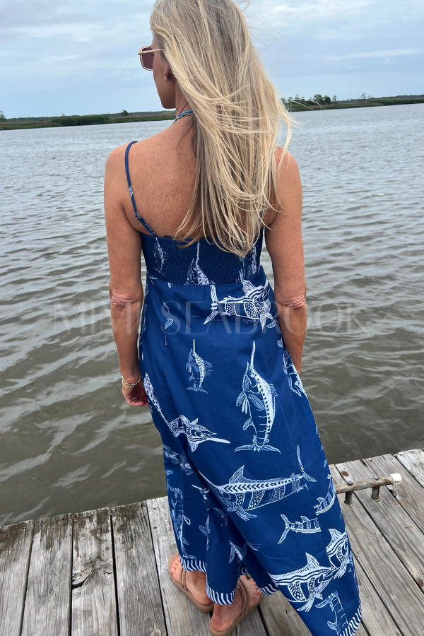Exumas Dress by King + Pitt, blue billfish print (pre-order)