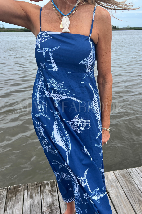 Exumas Dress by King + Pitt, blue billfish print (pre-order)