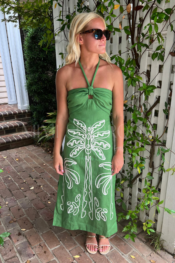 Green Palm Tree Embroidery Midi Dress by Farm Rio