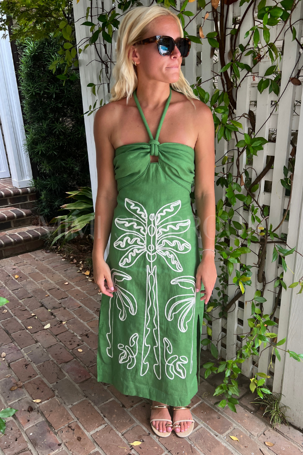 Green Palm Tree Embroidery Midi Dress by Farm Rio