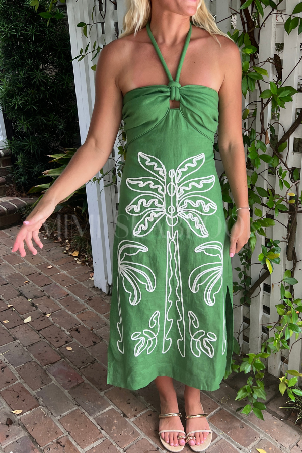 Green Palm Tree Embroidery Midi Dress by Farm Rio