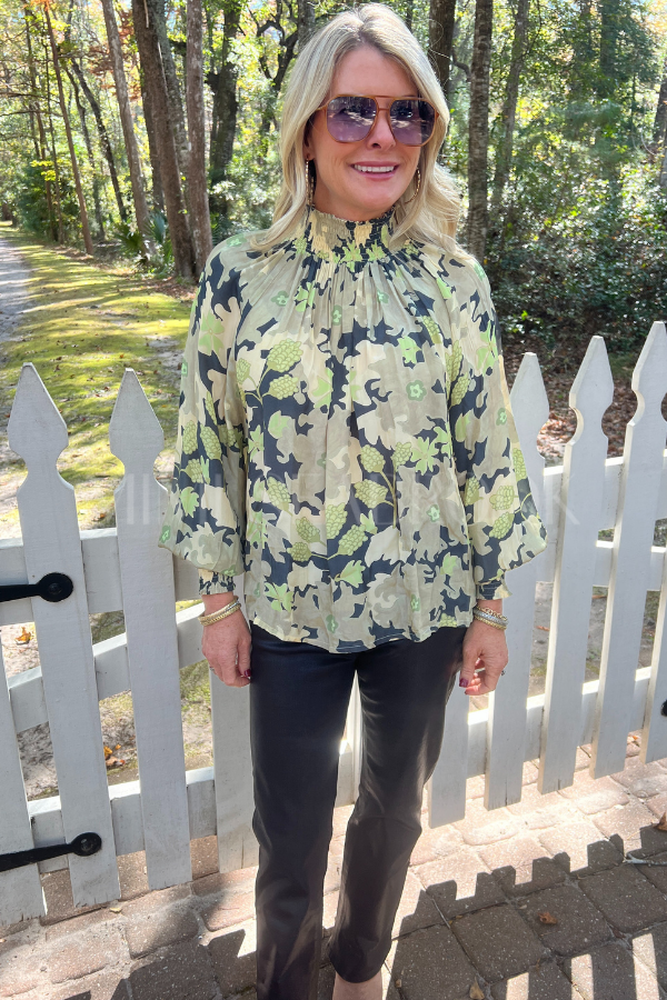 High Neck Blouse, Suzani Charcoal by Oliphant