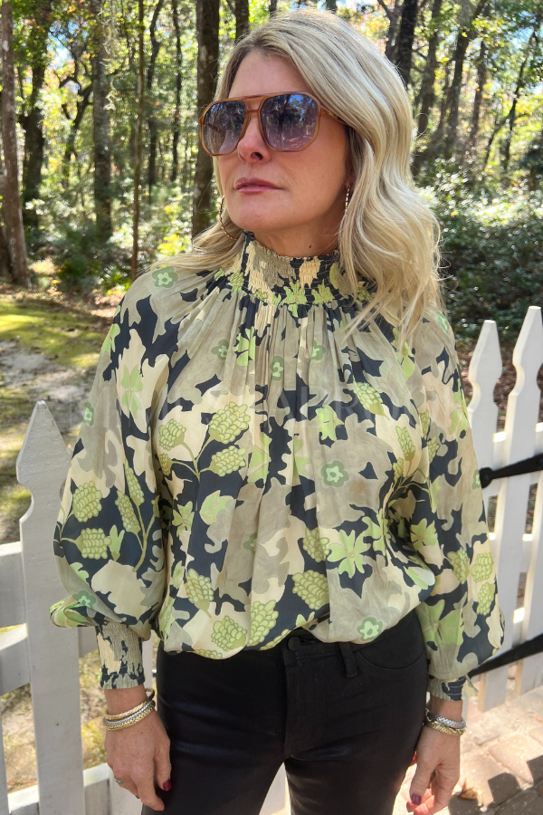 High Neck Blouse, Suzani Charcoal by Oliphant