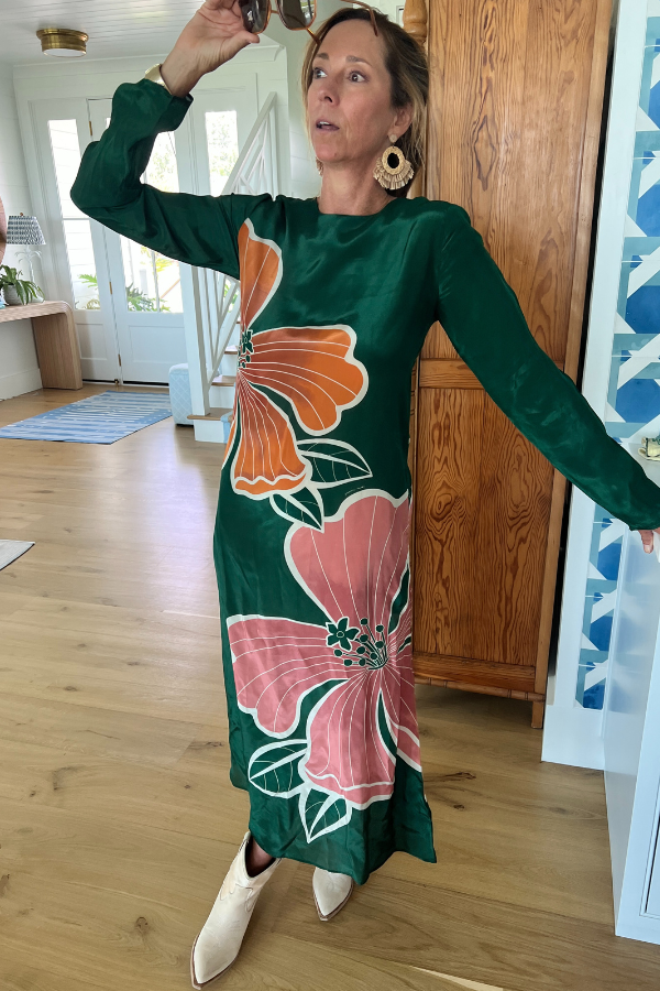 Honolulu Flowers Green Long Sleeve Maxi Dress by Farm Rio