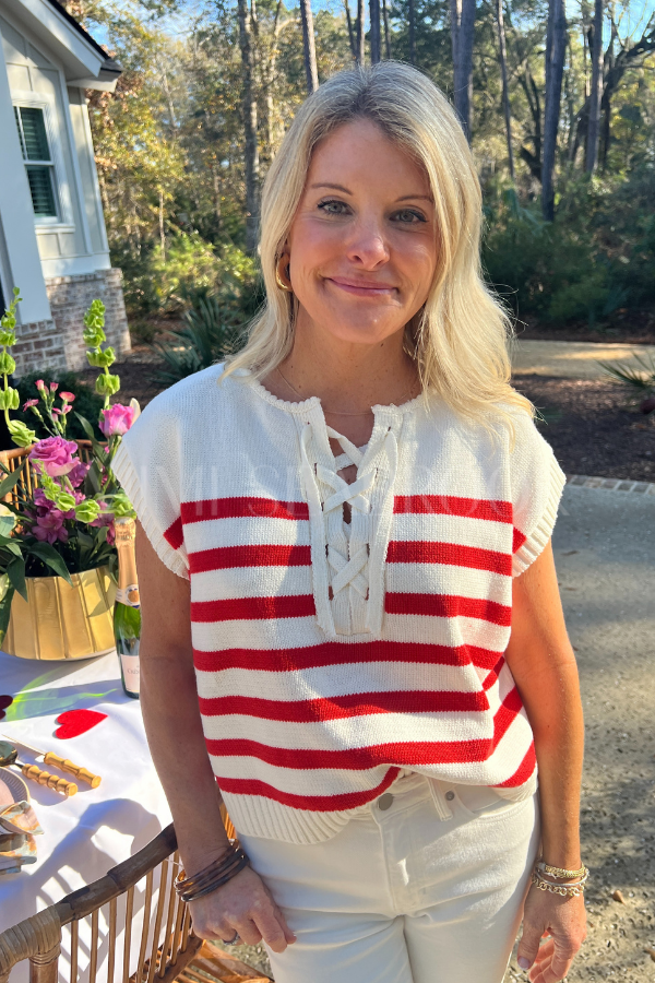 Houser top, red/cream