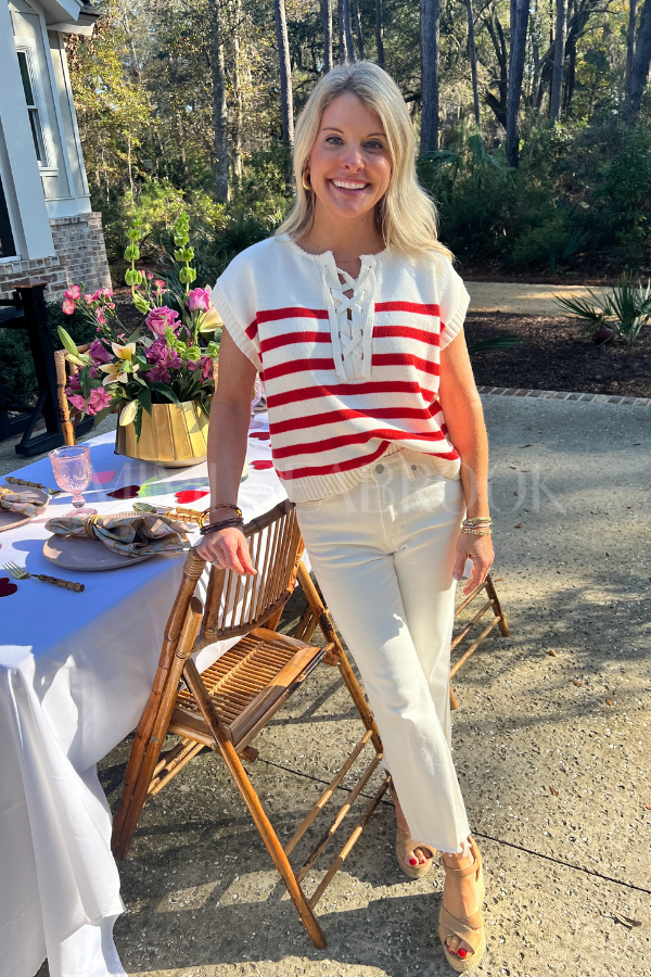 Houser top, red/cream