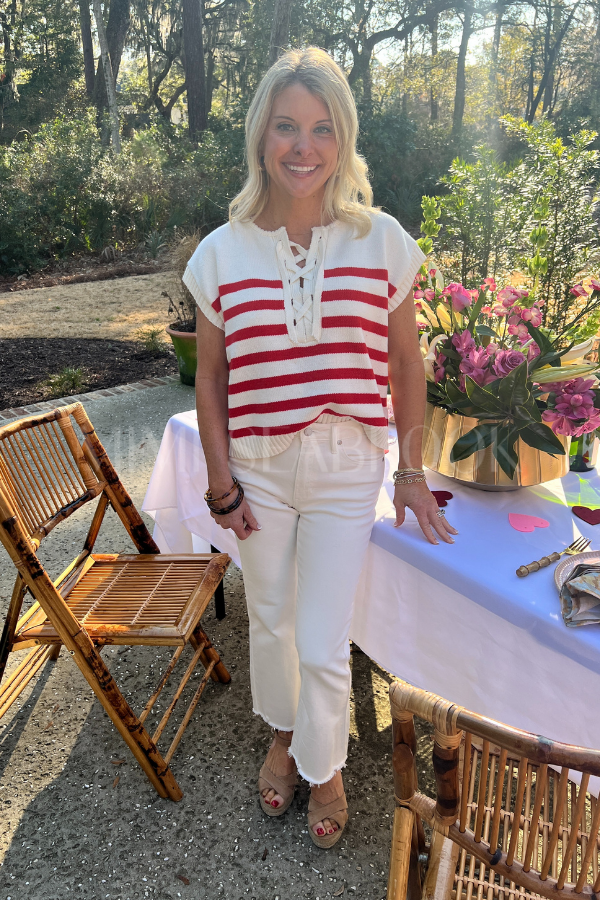 Houser top, red/cream