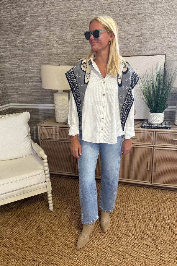 Lois top, white / navy stripe