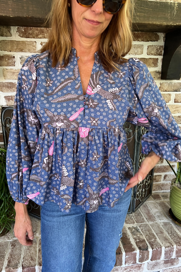 Mandarin Balloon Top, Bali Navy by Oliphant