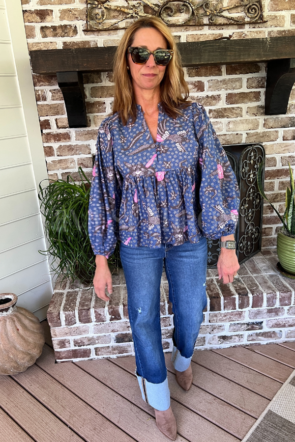 Mandarin Balloon Top, Bali Navy by Oliphant