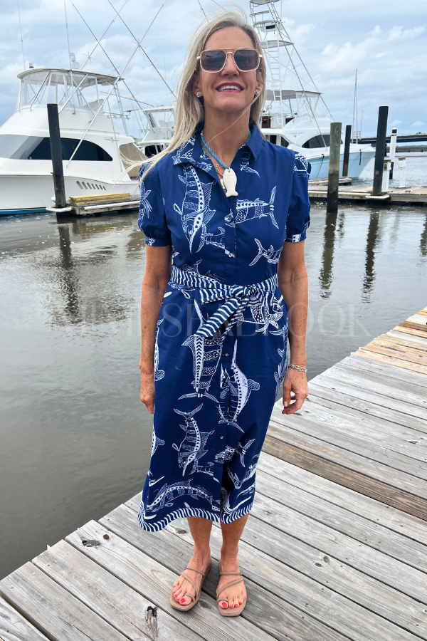 Plantation Key Dress by King + Pitt, blue billfish print (pre-order)