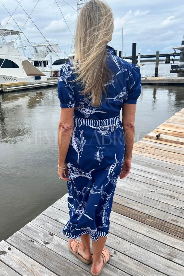 Plantation Key Dress by King + Pitt, blue billfish print (pre-order)