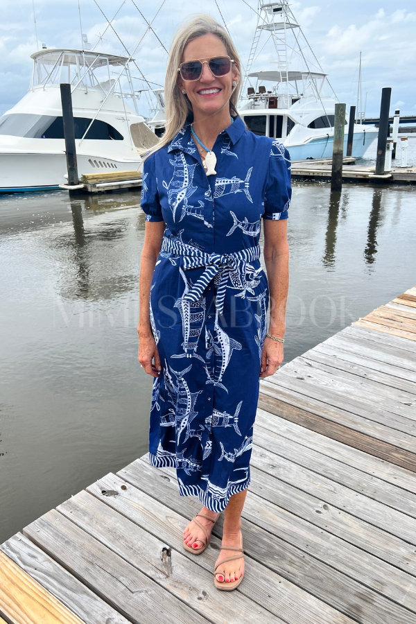 Plantation Key Dress by King + Pitt, blue billfish print (pre-order)