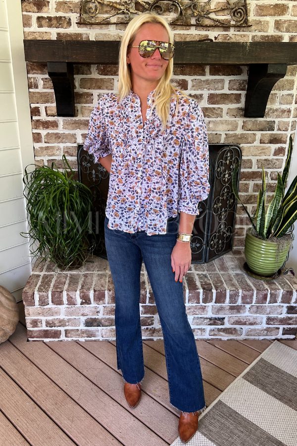 Ruffle Front Button Blouse, Cotswald Navy by Oliphant