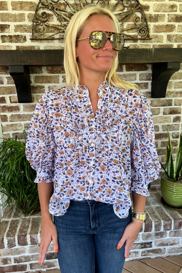 Ruffle Front Button Blouse, Cotswald Navy by Oliphant