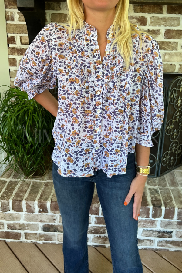 Ruffle Front Button Blouse, Cotswald Navy by Oliphant