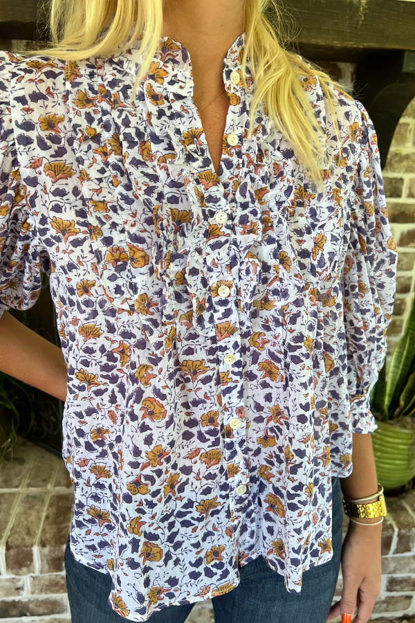 Ruffle Front Button Blouse, Cotswald Navy by Oliphant