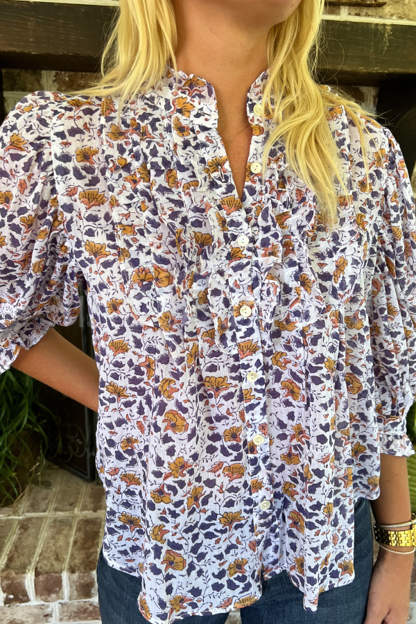 Ruffle Front Button Blouse, Cotswald Navy by Oliphant