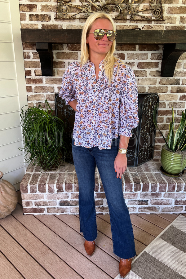 Ruffle Front Button Blouse, Cotswald Navy by Oliphant