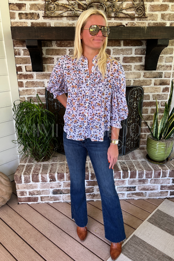 Ruffle Front Button Blouse, Cotswald Navy by Oliphant